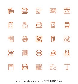 Editable 25 text icons for web and mobile. Set of text included icons line Text, Chat, Newspaper, Workbook, Abc, Message, Ebook, Edit tools, Paper, Book, Conversion on white background