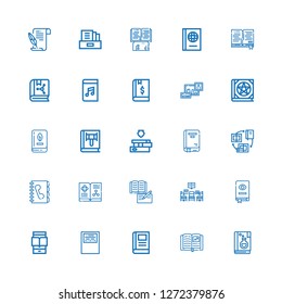 Editable 25 textbook icons for web and mobile. Set of textbook included icons line Book, Workbook, Ereader, Library, Phone book, Books, Bookshelf, Audiobook on white background