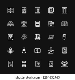 Editable 25 textbook icons for web and mobile. Set of textbook included icons line Library, Catalog, Art book, Ereader, Phone book, Book, Books, Read, Paper on black background