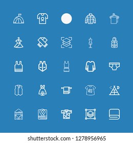 Editable 25 textile icons for web and mobile. Set of textile included icons line Towel, Layers, Shirt, Robe, Curtain, Tent, Tshirt, Dress, Vest, Underwear, Sweatshirt on blue background