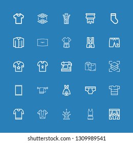 Editable 25 textile icons for web and mobile. Set of textile included icons line Curtains, Clothes, Pincushion, Shirt, Tshirt, Underwear, Dress, Towel, Carpet on blue background