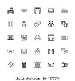 Editable 25 theater icons for web and mobile. Set of theater included icons line Film, Ticket, Museum, Popcorn, Movie film, Theater, Red carpet, Circus tent on white background