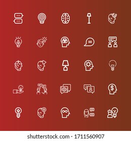 Editable 25 think icons for web and mobile. Set of think included icons line Idea, Talk, Mind, Chat, Conversation, Lamp, Brain on red