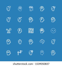 Editable 25 thinking icons for web and mobile. Set of thinking included icons line Mind, Thinking, Crossword, Smart, Labyrinth, Mindfulness on blue background