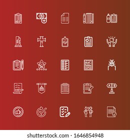 Iconos editables de 25 marcas para web y móvil. Conjunto de iconos de graduación incluidos línea Listo, Proteger, Lista, Comprobar, Evaluar, Probar, Portapapeles, Estándar, Parasitario, Satisfacción, Portátiles en rojo