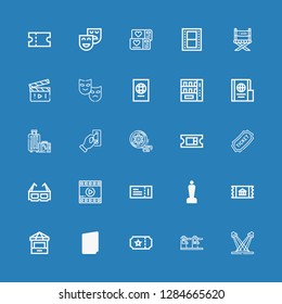 Editable 25 ticket icons for web and mobile. Set of ticket included icons line Concert, Ticket, Passport, Ticket office, Oscar, Film, d glasses, Insert coin on blue background