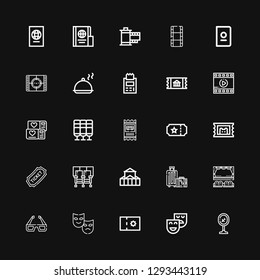 Editable 25 ticket icons for web and mobile. Set of ticket included icons line Airport, Theatre, Coupon, Theater, d glasses, Cinema, Travel, Seats, Ticket on black background
