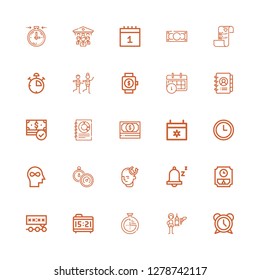 Editable 25 time icons for web and mobile. Set of time included icons line Alarm, Feeder, Timer, Alarm clock, Deadline, Wall clock, Snooze, Mind, Stopwatch on white background