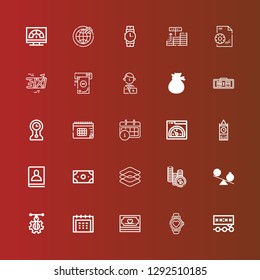 Editable 25 time icons for web and mobile. Set of time included icons line Deadline, Watch, Money, Calendar, Vector, Time, Dimensions, Agenda, Big ben, Speed, Clocks, Digital clock on red