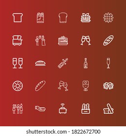 Editable 25 toast icons for web and mobile. Set of toast included icons line Bread, Toaster, Toast, Champagne, Cheers, Bagel, Champagne glass, Pancakes, Waffle, Pancake on red