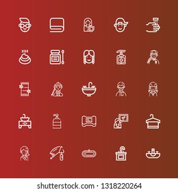 Editable 25 toilet icons for web and mobile. Set of toilet included icons line Sink, Bath, Trowel, Girl, Towel, Woman, Soap, Man, Antiseptic, Poo, WASHING HANDS, Boy on red