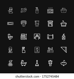 Editable 25 toilet icons for web and mobile. Set of toilet included icons line Sink, Toilet, Plunger, Bathtub, Woman, Napkin, Bath, Cleaning spray, Girl, Soap on black background