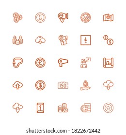 Editable 25 token icons for web and mobile. Set of token included icons line Coin, Coins, Download, Iso, Upload, Scheme, Answer, Hair dryer, Pound, Circuit on white background