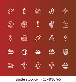 Editable 25 tomato icons for web and mobile. Set of tomato included icons line Salad, Scarecrow, Potato, Vegetables, Fruit, Green pepper, Asparagus, Hamburguer, Burger on red