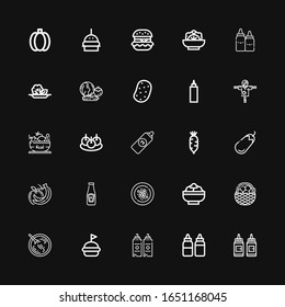 Editable 25 tomato icons for web and mobile. Set of tomato included icons line Condiment, Sauces, Sauce, Hamburguer, Sour soup, Fruit, Salad, Oyster omelette on black background