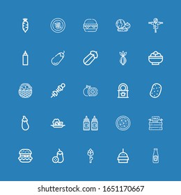 Editable 25 tomato icons for web and mobile. Set of tomato included icons line Ketchup, Burger, Asparagus, Aubergine, Hamburguer, Fruit, Salad, Condiment, Potato on blue background