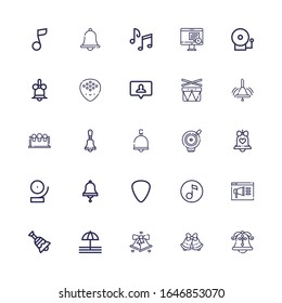 Editable 25 tone icons for web and mobile. Set of tone included icons line Bell, Bells, Notification, Quaver, Plectrum, Drums, Alarm bell, Music notes, Musical note on white background