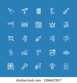 Editable 25 tool icons for web and mobile. Set of tool included icons line Sharpener, Mining, Needle, Flashlight, Passport, Fishing rod, Whisk, Graphic designer on blue background