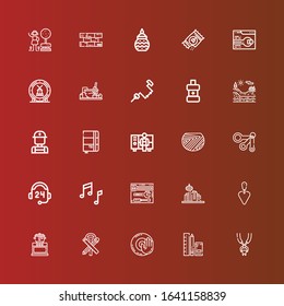 Editable 25 tools icons for web and mobile. Set of tools included icons line Tooth pliers, Tools, Dj music, Stationary, Cooking, Trowel, Architecture, Support, Music, Measuring spoons on red