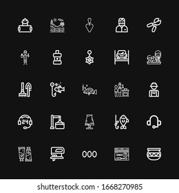 Editable 25 tools icons for web and mobile. Set of tools included icons line Pottery, Support, Seeds, Fretsaw, Paint tube, Headset, Fishing, Maintenance, Worker on black background
