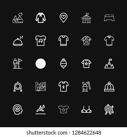 Editable 25 top icons for web and mobile. Set of top included icons line Goal, Brassiere, Shirt, Landing, Favorite, Baby hat, Magic hat, Cliff, Toy, Spinning top on black background