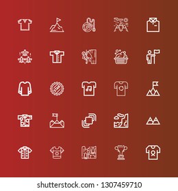 Editable 25 top icons for web and mobile. Set of top included icons line Shirt, Championship, Cliff, Tshirt, Mountains, Hidrive, Goal, Mountain, Bottle cap, Sweatshirt on red