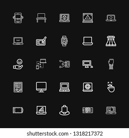 Editable 25 touch icons for web and mobile. Set of touch included icons line Laptop, Ebook, Smartwatch, Graphic tablet, Touch, Screen, Personal computer, Hand on black background