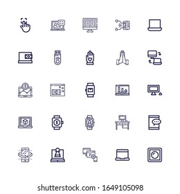 Editable 25 touch icons for web and mobile. Set of touch included icons line Dimmer, Laptop, Devices, Tilt, Ipad, Desktop, Smartwatch, Personal computer, Screen on white background