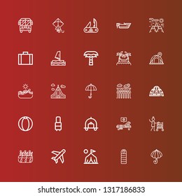 Editable 25 tourism icons for web and mobile. Set of tourism included icons line Umbrella, Sleeping bag, Camp, Plane, Rafting, Room service, Sunbed, Luggage, Suitcase, Beach ball on red