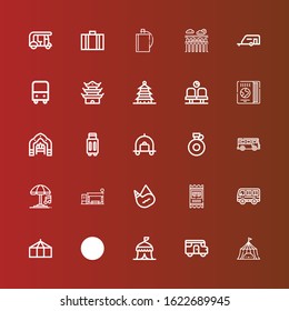 Editable 25 tourist icons for web and mobile. Set of tourist included icons line Tent, Caravan, Bus, Bus ticket, Canteen, Bus stop, Umbrella, Luggage, Suitcase, Arch, Travel guide on red