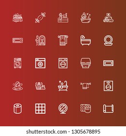 Editable 25 towel icons for web and mobile. Set of towel included icons line Paper roll, Toilet paper, Mirror, Blanket, Washing machine, Towel, Bath, Sauna, Rug, Russian banya on red
