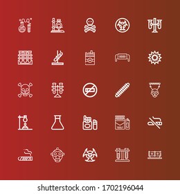 Editable 25 toxic icons for web and mobile. Set of toxic included icons line Tube, Test tubes, Biohazard, Gas mask, Cigar, No smoking, Cigarette, Flask, Skull, Centipede on red