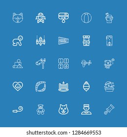 Editable 25 toy icons for web and mobile. Set of toy included icons line Rattle, Monster, Dog, Bear, Party whistle, Spinning top, Cradle, Boomerang, Baby, Water gun on blue background