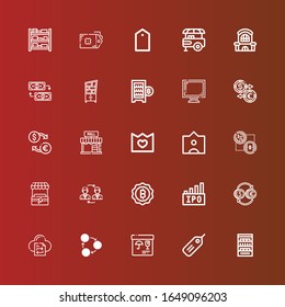 Editable 25 íconos comerciales para web y móvil. El conjunto de operaciones incluía iconos estantes de línea, Tag, Merchandise, Exchange, File Transfer, Currency, Ipo, Bitcoin, Stand, Mall, Display on red