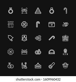 Editable 25 tradition icons for web and mobile. Set of tradition included icons line Easter eggs, Opener, Open, Hookah, Rings, Wrestler, Ring, Wedding rings on black background