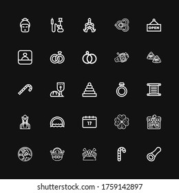 Editable 25 tradition icons for web and mobile. Set of tradition included icons line Opener, Candy cane, Shogun, Easter eggs, Holden, Open, Clover, Saint Patrick on black background