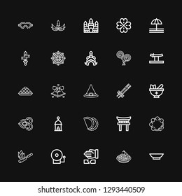 Editable 25 traditional icons for web and mobile. Set of traditional included icons line Bowl, Pad thai, Martial arts, Alarm bell, Flambe, Tambourine, Torii on black background
