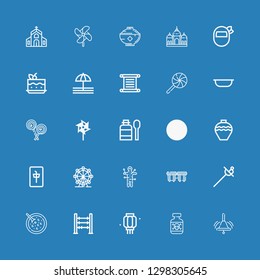 Editable 25 traditional icons for web and mobile. Set of traditional included icons line Bell, Posion, Lantern, Abacus, Red bean soup, Sword, Bongos, Voodoo on blue background