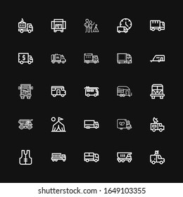 Editable 25 trailer icons for web and mobile. Set of trailer included icons line Van, Truck, Lifejacket, Camp, Cargo truck, Trailer, Caravan, Delivery truck on black background