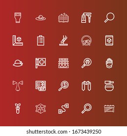 Editable 25 transparent icons for web and mobile. Set of transparent included icons line Marimba, Magnifying glass, Chest expander, Cube, Test tube, Standing bell, Sash on red