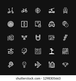 Editable 25 transport icons for web and mobile. Set of transport included icons line Piston, Boat, Airplane, Hot air balloon, Planet earth, Map, Street sign on black background