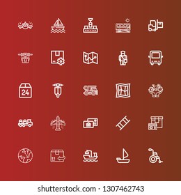 Editable 25 transport icons for web and mobile. Set of transport included icons line Wheelchair, Sailing boat, Cargo ship, Cardboard, Globe, Package, Stretcher, Postal on red