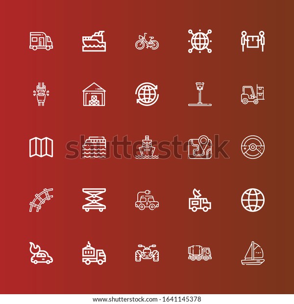 Editable 25 transport\
icons for web and mobile. Set of transport included icons line\
Boat, Concrete mixer, Quad, Delivery truck, Car, Globe, Van,\
Electric car, Elevator on\
red