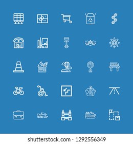Editable 25 transportation icons for web and mobile. Set of transportation included icons line Route, Cruise, Tower bridge, Snowmobile, Suitcase, Road, Trunk on blue background
