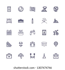 Editable 25 travel icons for web and mobile. Set of travel included icons line Briefcase, Compass, Hammock, Umbrella, Suitcase, Hotel, Stonehenge, Arch, Bikini on white background