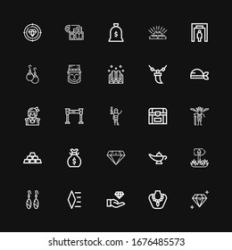 Editable 25 treasure icons for web and mobile. Set of treasure included icons line Diamond, Necklace, Jewelry, Earrings, Sign, Magic lamp, Money bag, Ingots on black background