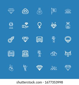 Editable 25 treasure icons for web and mobile. Set of treasure included icons line Diamond, Gold, Pirate, Earrings, Necklace, Pirates, Chest, Gallows, Money bag on blue background