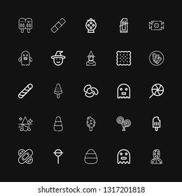Editable 25 treat icons for web and mobile. Set of treat included icons line Zombie, Ghost, Candy, Lollipop, Bandage, Popsicle, Witch, Jelly beans, Stick candy on black background