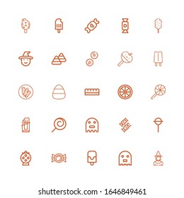 Editable 25 treat icons for web and mobile. Set of treat included icons line Witch, Ghost, Popsicle, Candy, Lollipop, Chocolate bar, Caramelized apple, Biscuit on white background