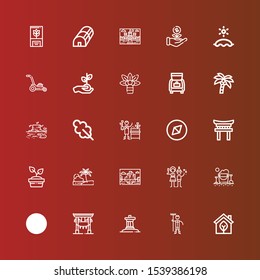 Editable 25 tree icons for web and mobile. Set of tree included icons line Eco, Gardener, Inukshuk, Torii, Ecology, Sand bucket, Christmas party, Landscape, Beach, Plant on red